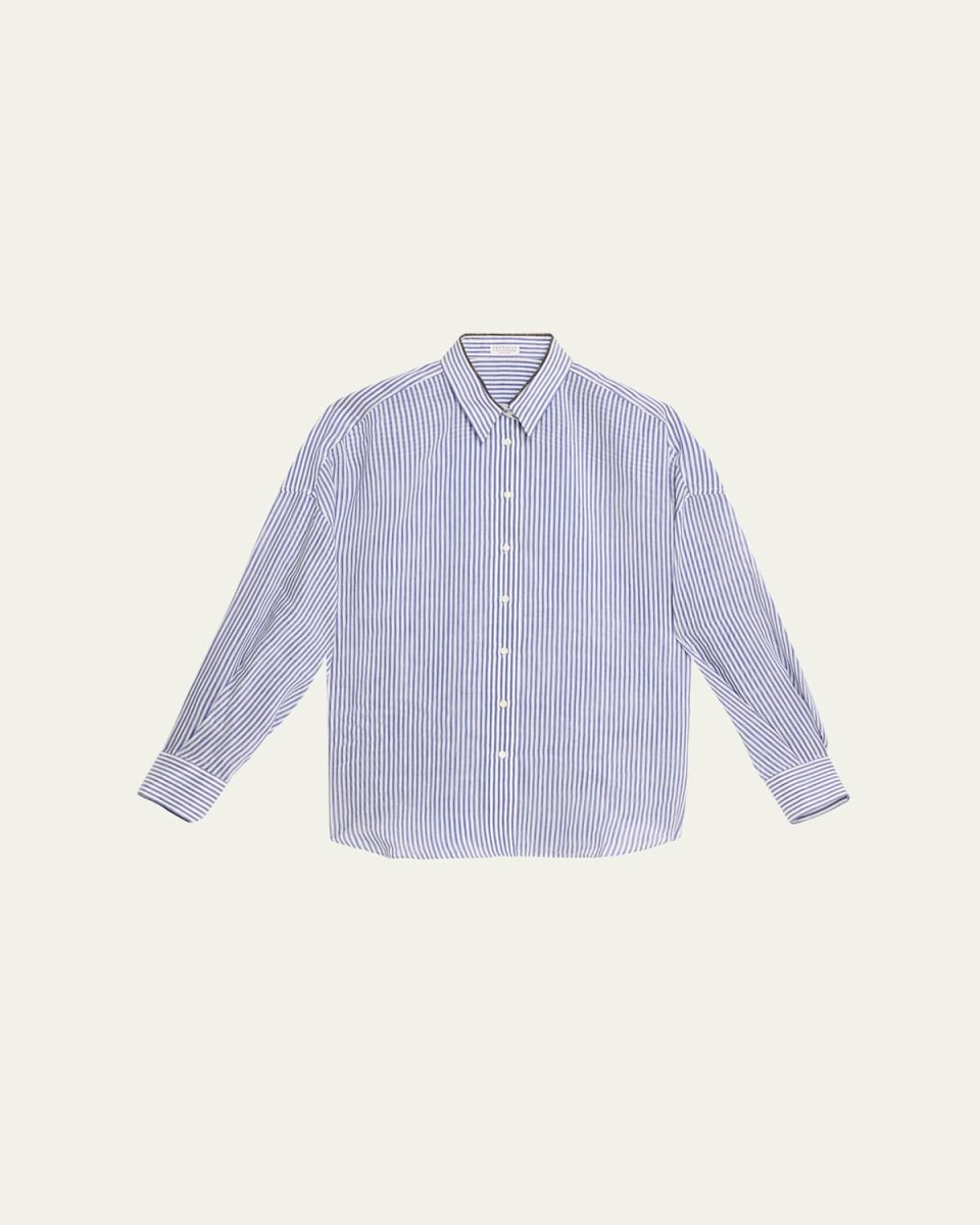 Stripe Button Down Linen Shirt with Piping Collar